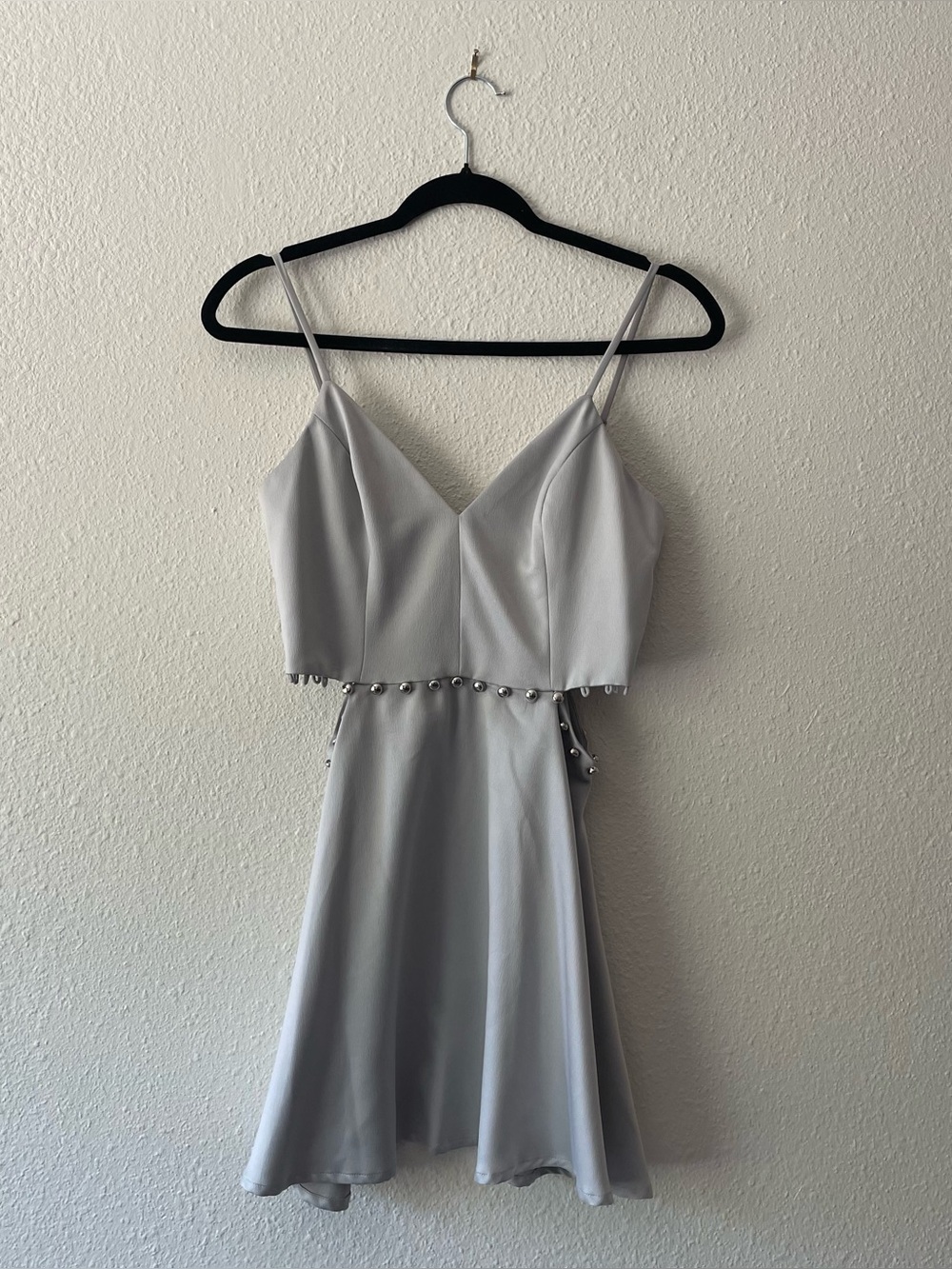 NBD Silver Gray Satin Mini Dress Studded Waist Cutout Fit Flare Size S